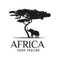 African Acacia Tree with African Elephant Silhouette for Safari Adventure Logo Design Vector