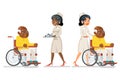 African afro american european doctor attendant nurse elderly carries medicine caring wheelchair old man character sit Royalty Free Stock Photo