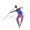 African athlete with a spear or pole and a prosthetic leg isolated on a poor background, flat vector stock illustration with a