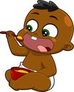 African American Baby Boy Cartoon Character Eats With A Spoon From A Bowl