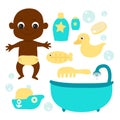 African American or African baby or newborn baby in a diaper and a set of items for bathing: comb, shampoo, water thermometer,