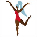 African American ballerina dancing. Graceful performer. Vector illustration. Isolated white background. Flat style. Body positive.