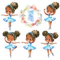 African American Ballerina Princess Character Dancer Set. Cute Child Girl wear Blue Tutu Costume Training in School Royalty Free Stock Photo