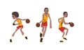 African American Basketball Player Set, Athlete Character in Sports Uniform Running and Jumping with Ball Cartoon Vector Royalty Free Stock Photo