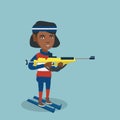 African-american biathlon runner aiming at target.