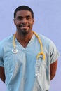 African-American black doctor man on blue background