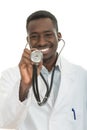 African-American black doctor man isolated white background. Royalty Free Stock Photo