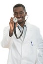 African-American black doctor man isolated white background.