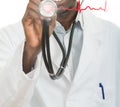 African-American black doctor man with stethoscope with hearth EKG Royalty Free Stock Photo