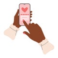 African american black female hand holds phone with a menstrual calendar app
