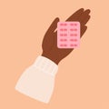 African american black female hand holds pills for menstrual period pain. Vector