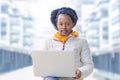 African american black female student remote studing, using laptop outdoor. back to school. Royalty Free Stock Photo