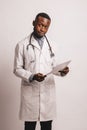 African-American black young doctor man isolated white background. Royalty Free Stock Photo