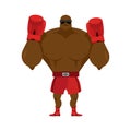 African American boxer. Fighting stand. Strong champion raised h