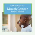 African american boy brushing teeth with mouth cancer action month text in frame, copy space