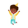 African American Boy Character in Birthday Hat Jumping with Joy Vector Illustration Royalty Free Stock Photo