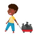 African American Boy Character Pulling Platform Trolley with Trash Pack as Sorted Garbage for Recycling Vector
