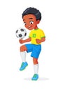 African American boy football player in uniform kicking soccer ball with knee. Isolated vector illustration Royalty Free Stock Photo