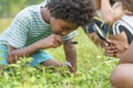 African American boy with friends in the grass exploring and looking nature with the magnifying glass. Royalty Free Stock Photo