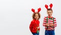 African American boy and girl deer in Christmas sweaters, on white background
