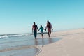 African american boy holding father and grandfather\'s hands and walking at shore under clear sky Royalty Free Stock Photo