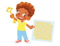 Boy holds key and maze