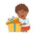 African American Boy Opening Gift Box Rejoicing at Present Vector Illustration