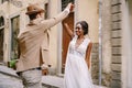 Interracial wedding couple. Wedding in Florence, Italy. African-American bride and Caucasian groom are dancing on the