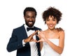 African american bridegroom and bride showing heart with hands isolated on white Royalty Free Stock Photo