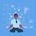 African American Business Man Sit Yoga Lotus Pose Relaxing Meditation Concept