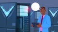 African American Business Man Working On Digital Tablet In Modern Database Center Or Server Room Businessman Engeneer