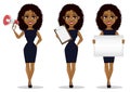 African American business woman cartoon character, set. Royalty Free Stock Photo