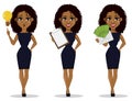 African American business woman cartoon character, set. Royalty Free Stock Photo