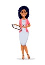 African American business woman holding clipboard.