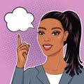 Smiling African American Business Woman Pointing Finger On Word Bubble, Vector Illustration In Pop Art Retro Comic Style