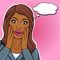 African american business woman shocked face with staring eyes and open mouth with speech bubble in pop art comic sketch style.