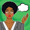 Black succesful business woman in suit and glasses vector illustration in pop art retro comic style Royalty Free Stock Photo