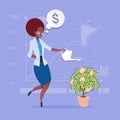 African American Business Woman Watering Money Tree Finance Success Concept