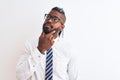 African american businessman with braids wearing tie glasses over isolated white background with hand on chin thinking about Royalty Free Stock Photo