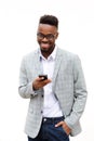 African american businessman with cell phone against white background