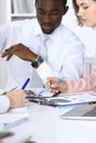 African american businessman at meeting in office, colored in white. Negotiation or hard decision concept Royalty Free Stock Photo