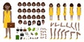 African American Businesswoman cartoon character creation set with various views, hairstyles, face emotions vector