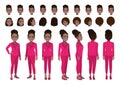 African American Businesswoman cartoon character head set and animation design. Front, side, back, 3-4 view