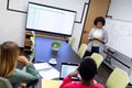 African american businesswoman giving presentation to diverse group of colleagues in meeting room Royalty Free Stock Photo