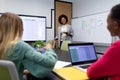 African american businesswoman giving presentation to diverse group of colleagues in meeting room Royalty Free Stock Photo