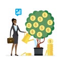 African american businesswoman watering money tree. Investment process. Profitable business project, development of new startups Royalty Free Stock Photo