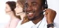 African american call operator in headset. Call center business or customer service concept Royalty Free Stock Photo