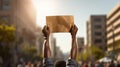 African American carries a blank banner in a street protest, banner, copy space