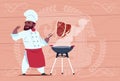 African American Chef Cook Grill Meat On Bbq Cartoon Restaurant Chief In White Uniform Over Wooden Textured Background