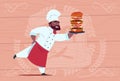 African American Chef Cook Hold Big Burger Smiling Cartoon Restaurant Chief In White Uniform Over Wooden Textured